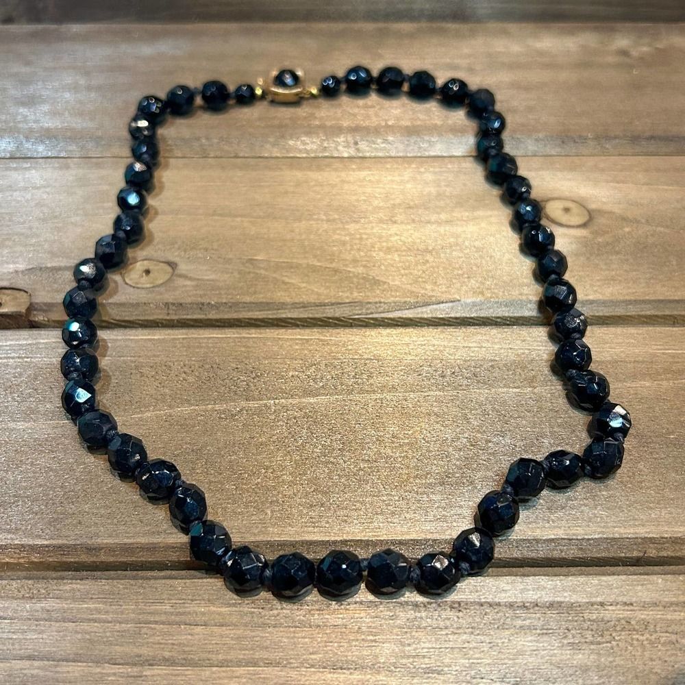Vintage Round Faceted Black Glass Beaded Necklace with Detailed Box Clasp 18"